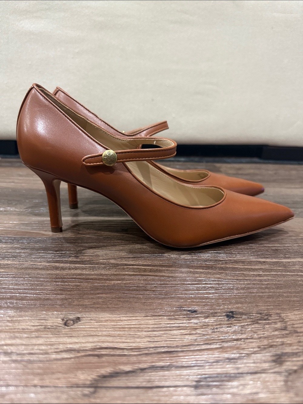 Lauren Ralph Lauren Tan Pointed Mary Jane Heels with Gold Button